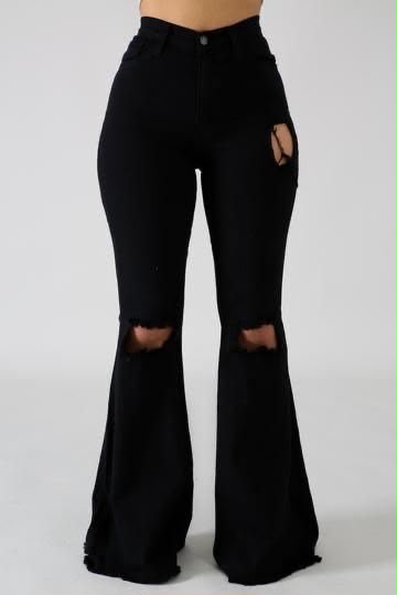 Distressed Bell Bottom Jeans Black