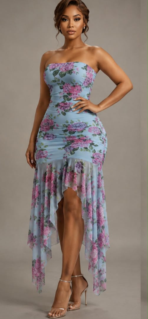Floral Strapless Hi-Lo Dress